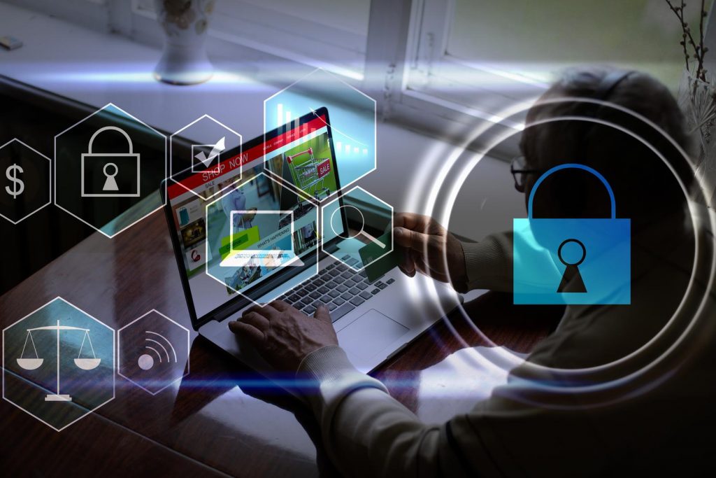 Digital cybersecurity and network protection concept. Virtual locking mechanism to access shared resources. Interactive virtual control screen with padlock. laptop on background
